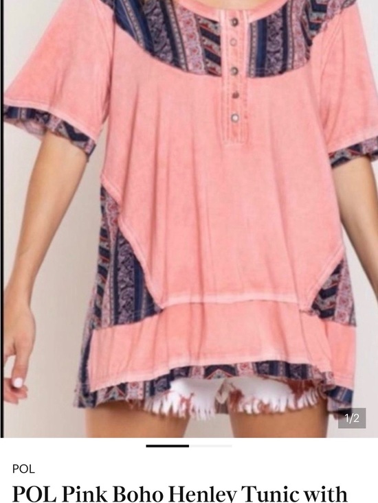 POL Tops - POL Pink Henley Tunic with Navy Boho Panels